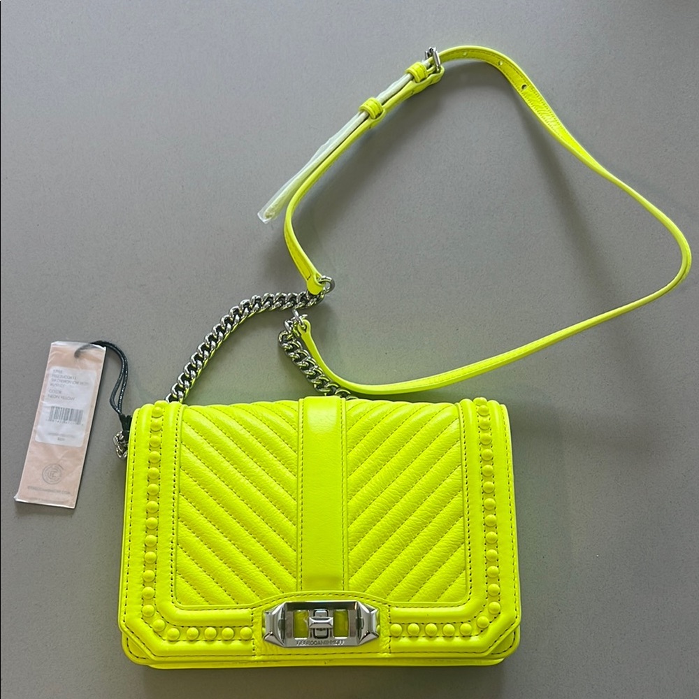 Rebecca Minkoff Neon Yellow Quilted Crossbody Bag with Silver Chain
